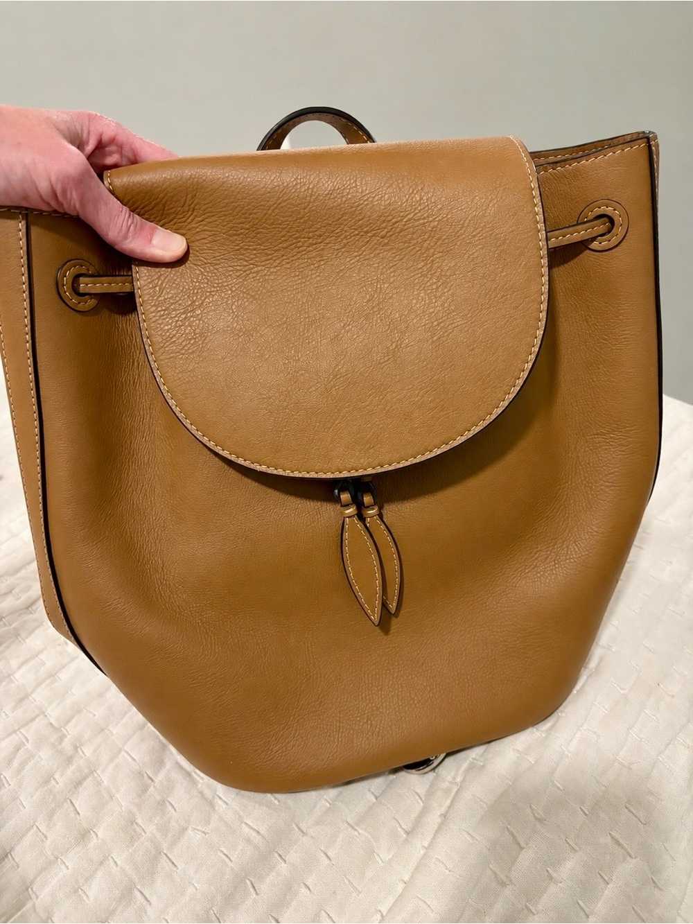 Beautiful Leather Drawstring Backpack in Camel